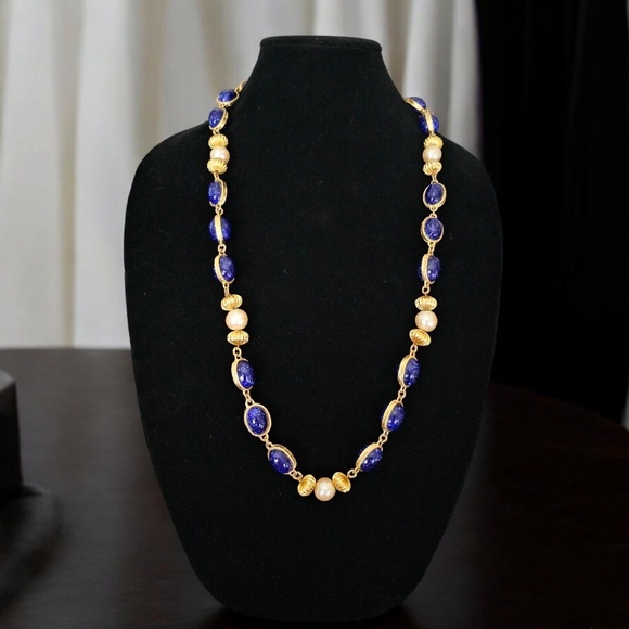 Wm DeLillo Necklace 32" Womens Faux Lapis Baroque Pearl Gold Bead V…